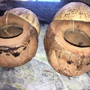 Tiki Mugs Beverage Cup Hawaiian Coconut Head, Bar Keepsake NEW, 2 Mugs, Tropical